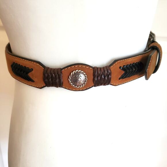 Nocona Tan Brown Leather Western Belt Braided Concho Silver Tooled Buckle Sz 26 - Picture 4 of 12